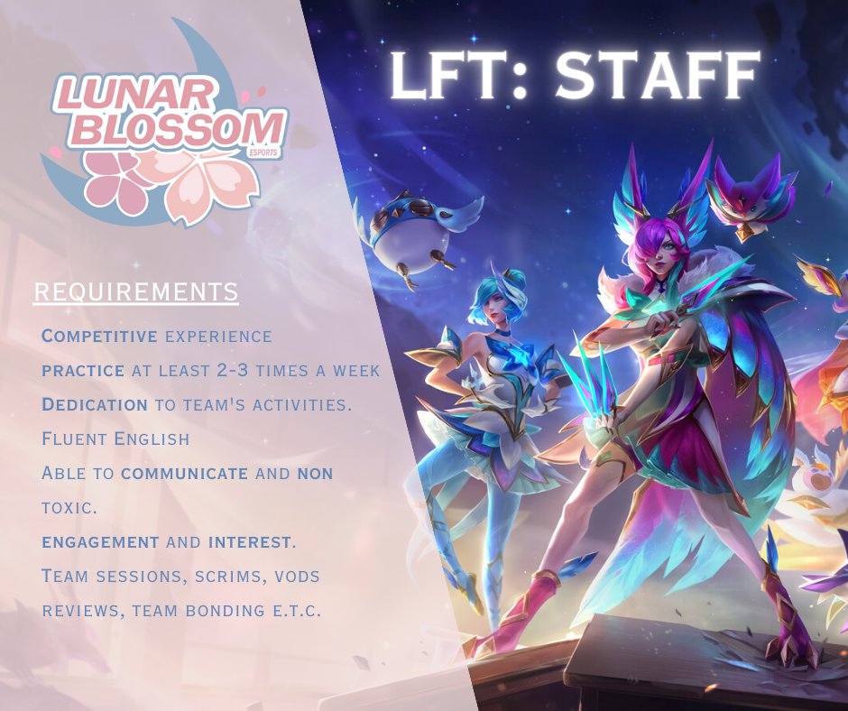 LOLGirlsDiscord's tweet photo. @lunar_blossom_ #esports is growing🌸

@WomenNbLoL @lft_prime @LoL_LFT_Fr
@LFT_LoL_EU @LFT_Original
@LFT_Mena @NLCFreeAgent #LFT 

Apply now --> https://t.co/2UVScuOtsg https://t.co/DzPVYiKnuS