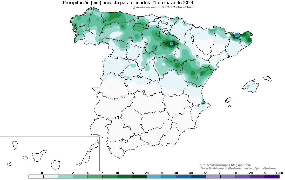 Precipitación prevista para hoy y mañana, elaborada con la predicción horaria por municipios de #AemetOpenData Más información en: climaenmapas.blogspot.com/p/mapastprevis…