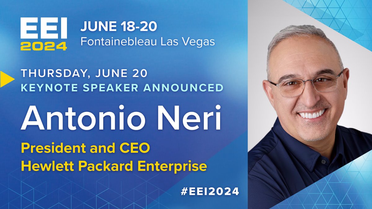 🚨 KEYNOTE SPEAKER ANNOUNCEMENT: @AntonioNeri_HPE, President and CEO of Hewlett Packard Enterprise (@HPE), will join #EEI2024 on Thursday morning, June 20, during our closing keynote session. Join us as we explore the role of new technologies like #AI and how EEI’s member…