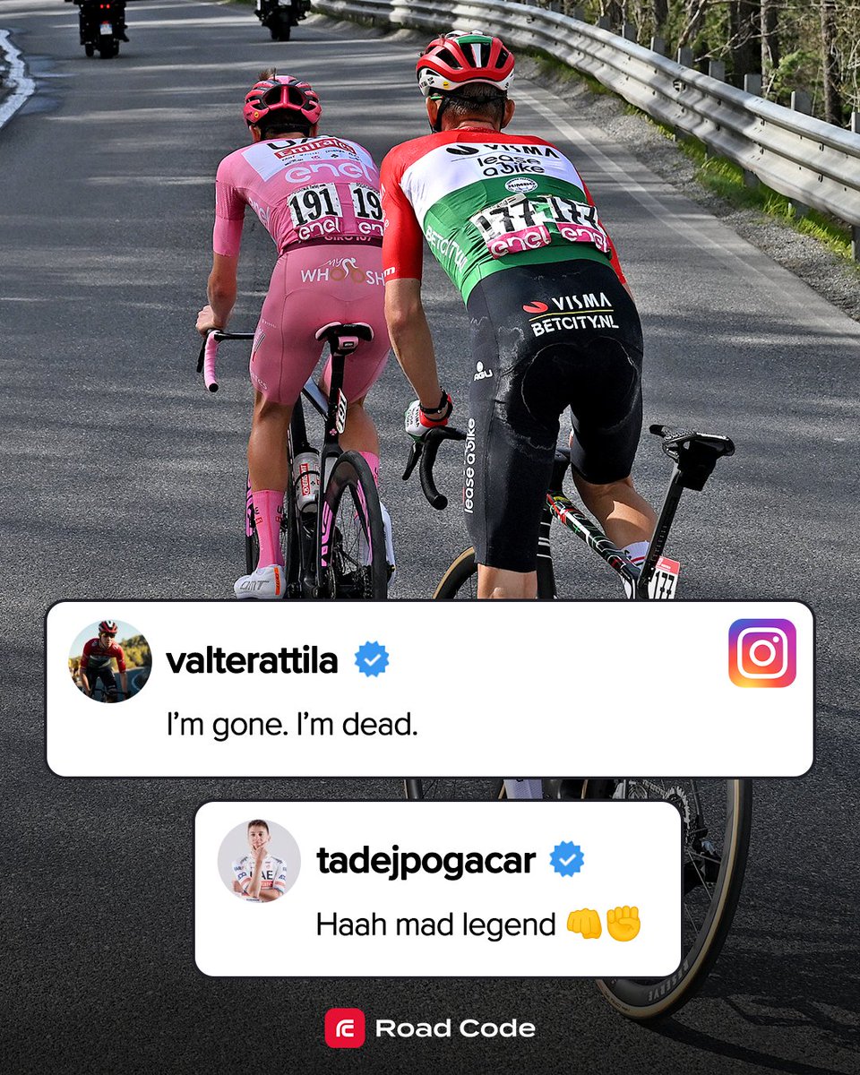 Valter couldn't resist 😆 The Hungarian briefly followed Pogačar on Stage 15 at the Giro as the Maglia Rosa caught the day's breakaway on the final climbs to Livigno 💪 📸 Getty Images