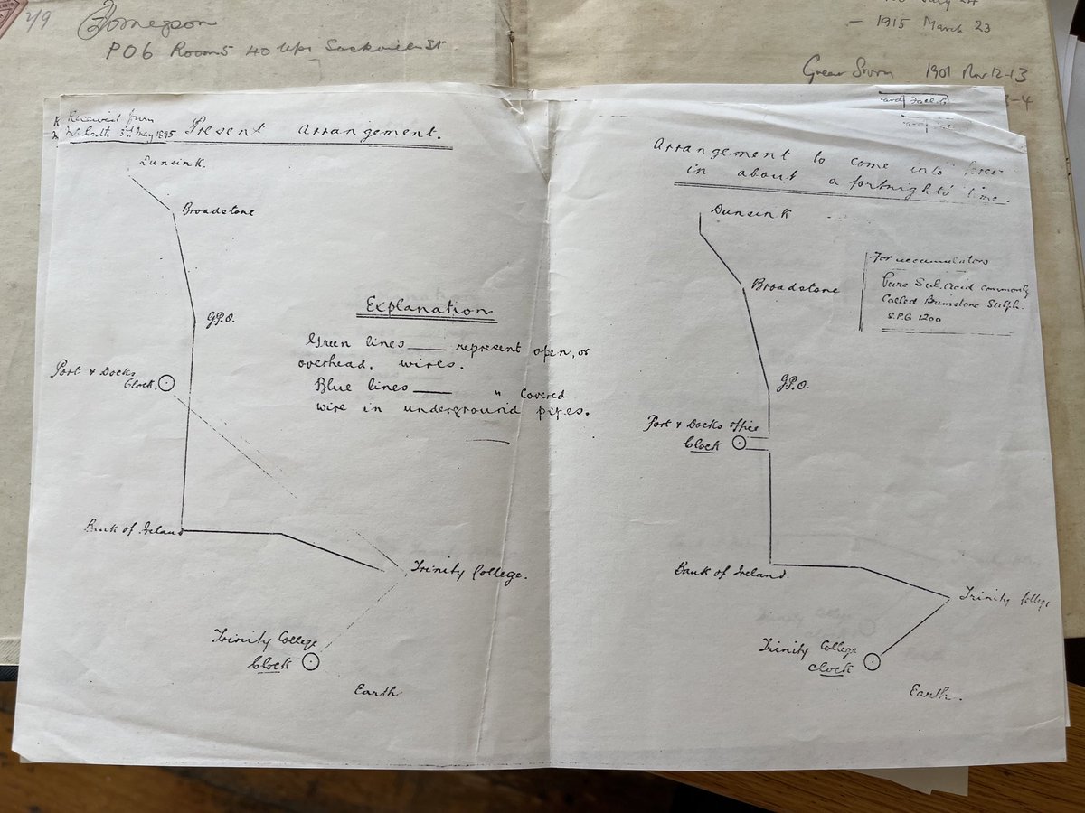 While searching for weather records @DIASDunsink, I came across the 1895 route of the time circuit that operated between Dunsink, the GPO, Port & Docks Company (Ballast House), Bank of Ireland (College Green) and the Trinity College Museum Building between 1874 and 1937.