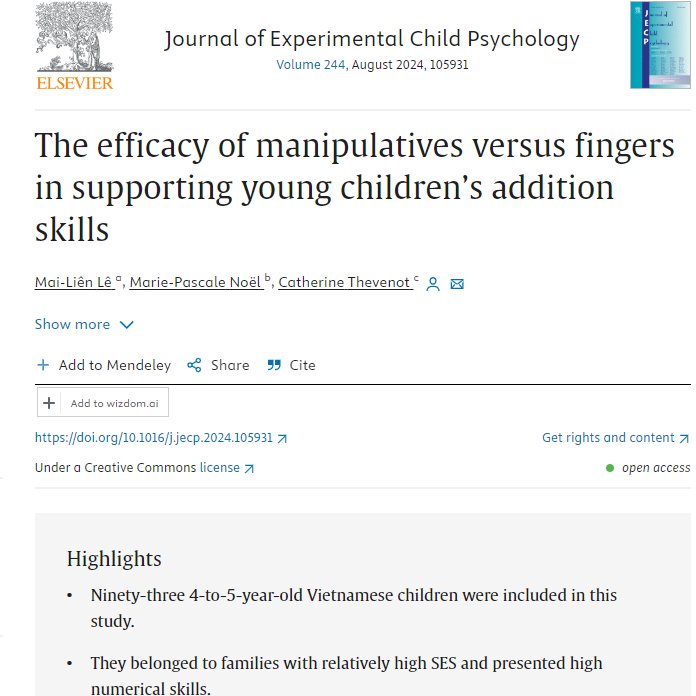 El apoyo de los dedos para los más pequeños al aprender matemáticas es igual de eficaz que utilizar manipulativos #infantil sciencedirect.com/science/articl…