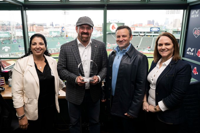 MLB star Kevin Youkilis honored for his advocacy in standing up against antisemitism with (from left to right) Shira Ruderman, Executive director of Ruderman Family Foundation; Jay Ruderman, President of the Ruderman Family Foundation; and Sharon Shapiro, Community Liaison and Trustee at the Ruderman Family Foundation