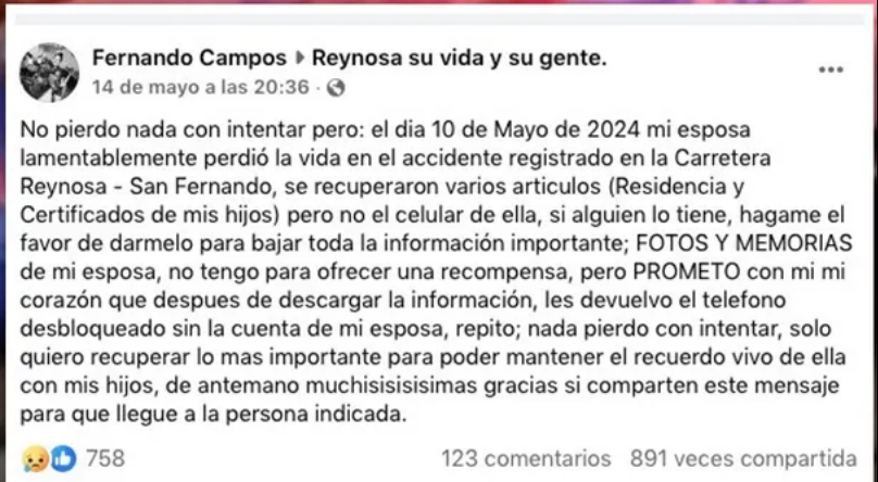 QuestoyQueLotro's tweet photo. Pues no, no busca recuperar el celular, busca recuperar los recuerdos de su esposa:

Hombre busca recuperar celular de su esposa fallecida en #Reynosa https://t.co/tfBpeEUcBa a través de @Milenio https://t.co/7cBAgefmGj