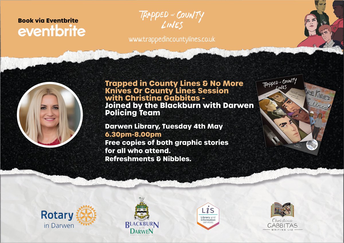 For part of the Blackburn with Darwen @ChildrensLFests I will be delivering an evening session in Darwen #Library for students, and adults (age 12+) @BwDLibraries with @TrappedCLines - supported by DS Sheralyn Melton @BlackburnPolice. Book FREE places: eventbrite.co.uk/e/trapped-in-c…