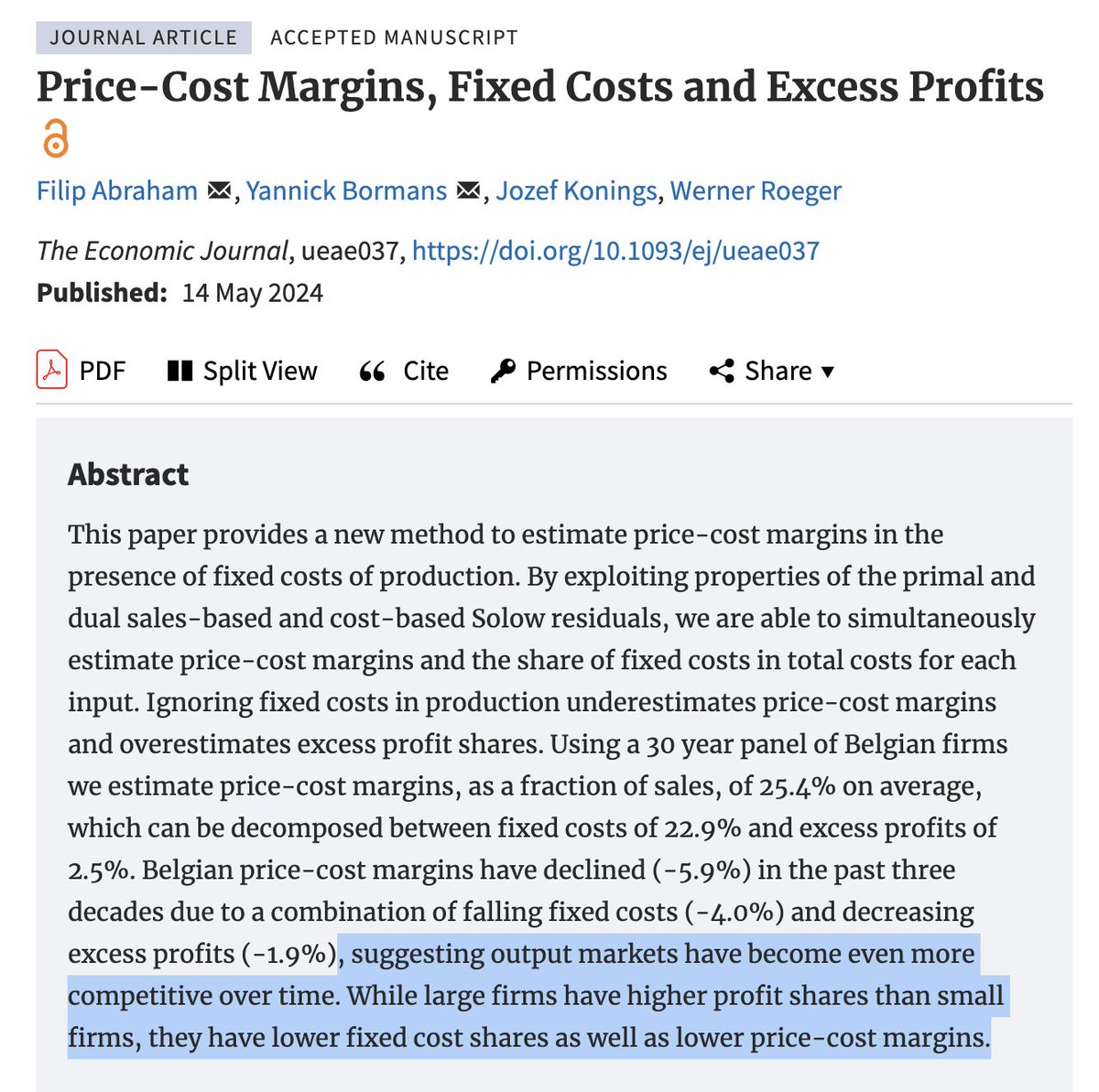BrianCAlbrecht's tweet photo. Economic Journal paper from Abraham et al

"output markets have become even more competitive over time. While large firms have higher profit shares than small firms, they have lower fixed cost shares as well as lower price-cost margins." https://t.co/ZloGsEizip