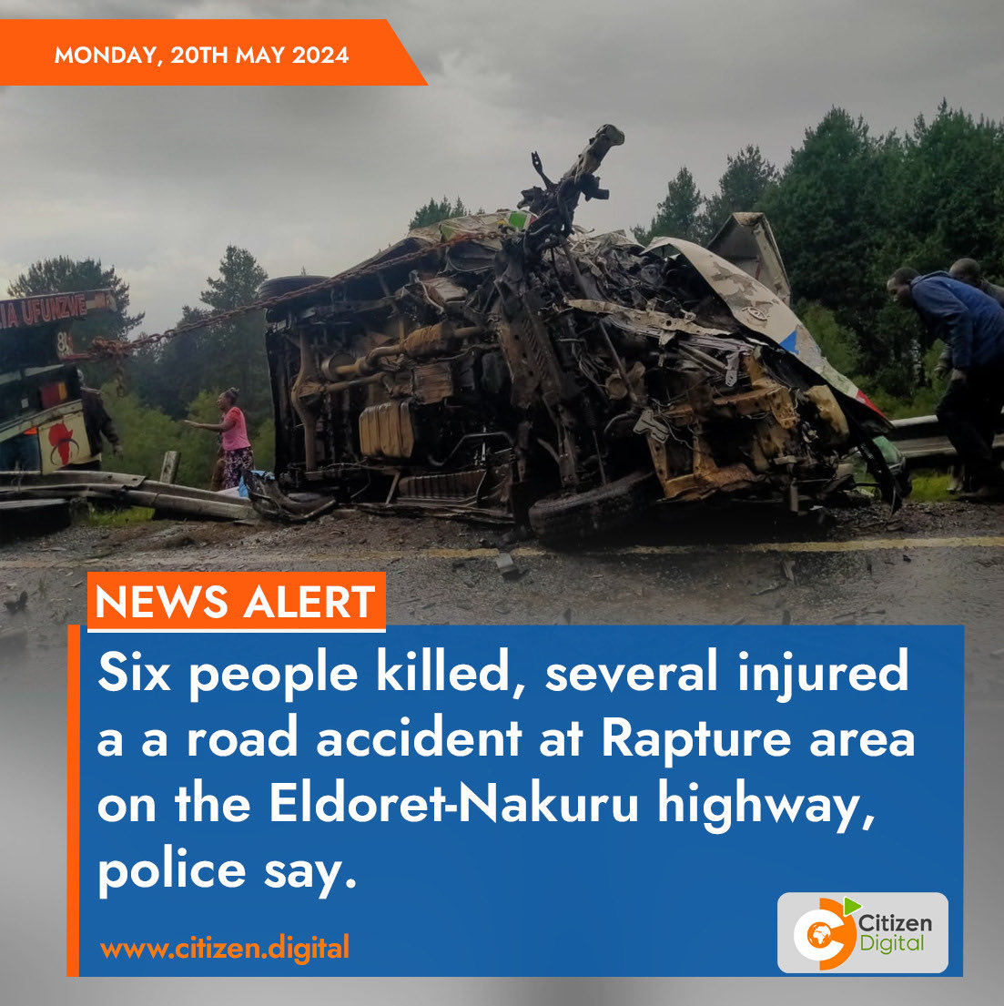 Six people killed, several injured in a road accident at Rapture area on the Eldoret-Nakuru highway, police say. citizen.digital