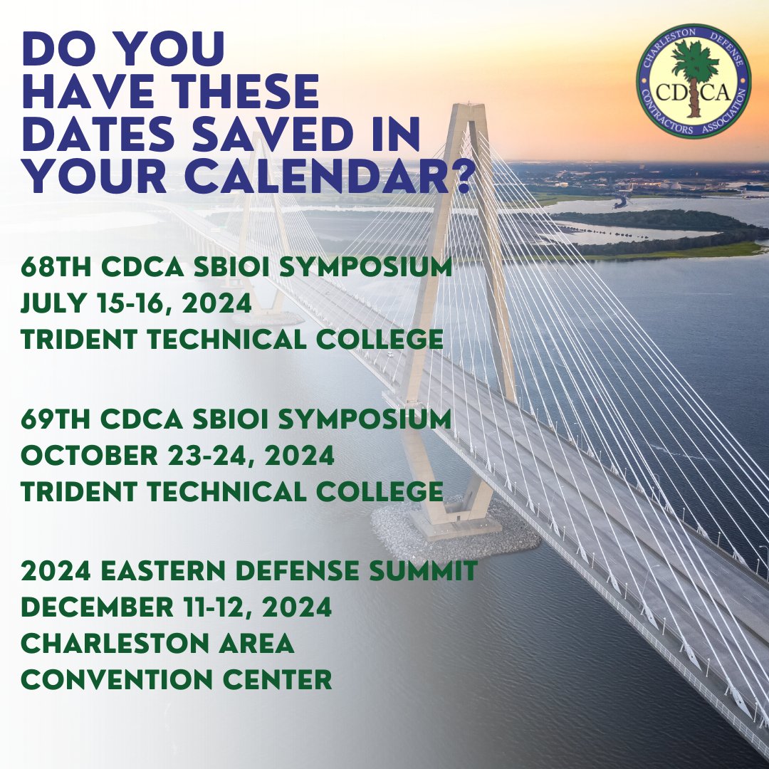 As you begin to look at the second half of your #2024, be sure you mark your calendars with these upcoming #CDCA #events!

We can't wait to share all that we have in store. 🎉

#2024Events #SaveTheDate #SBIOI #DefenseIndustry #DefenseConfrence #BusinessConference