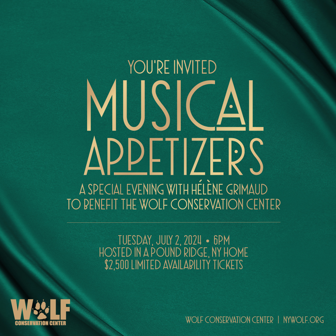 Join Wolf Conservation Center founder + world-renowned pianist @HeleneGrimaud for “Musical Appetizers” + an intimate dinner on Tuesday, July 2nd in Pound Ridge, New York! More information ➡️ nywolf.org/musical-appeti…