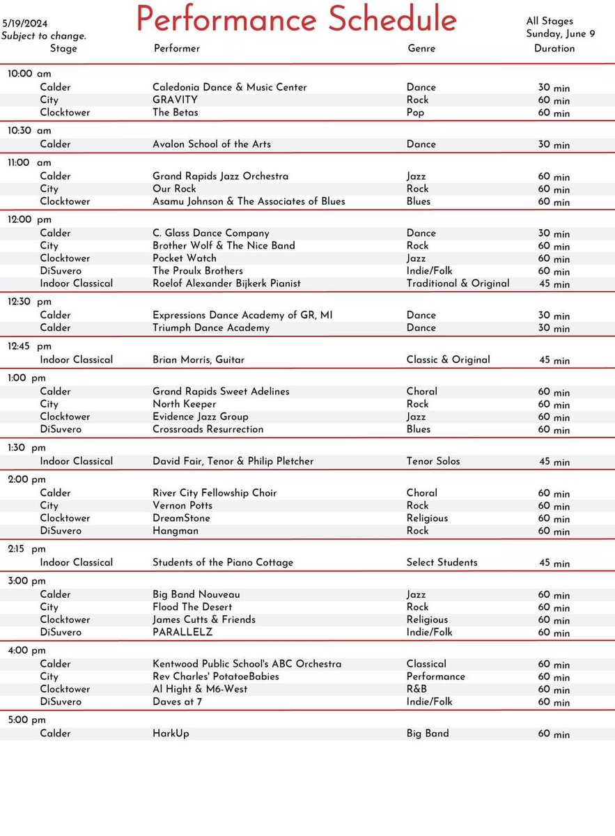 Festival of the Arts 2024 Performance Schedule

#festivalgr @WGVUPublicMedia @WOODTV @DowntownGRInc @CityGrandRapids @FOX17 @FOX17MorningMix @ExperienceGR