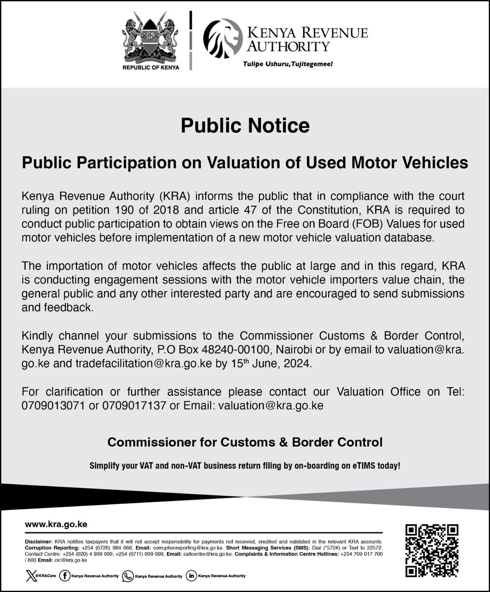 AmbokoJH's tweet image. Judicial precedent is a good thing. 
Who remembers Petition 190/2018 Car Importers Association vs KRA?

The Association petitioned KRA's publication of retail prices (CRSPs used in calculating import duty) without public participation. 

KRA is now inviting comments on Free on…