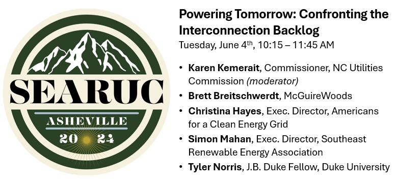 Excited to join this panel at the Southeastern Association of Reg. Utility Commissioners annual conference w/ @SimonMahan @CsmithHayesREAL @DukeEnergy (rep'd by McGuireWoods) - join us! searuc.org