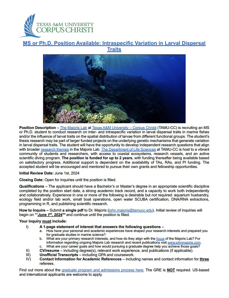 The Majoris Lab at TAMU-CC is recruiting an MS or PhD student to study the dispersal traits of marine fish larvae. Excited to hear from any and all interested students. Reach out ASAP. Full details at: johnmajoris.com/graduate-stude…… @IslandCampus @AFS_ELHS @SICB_DAB