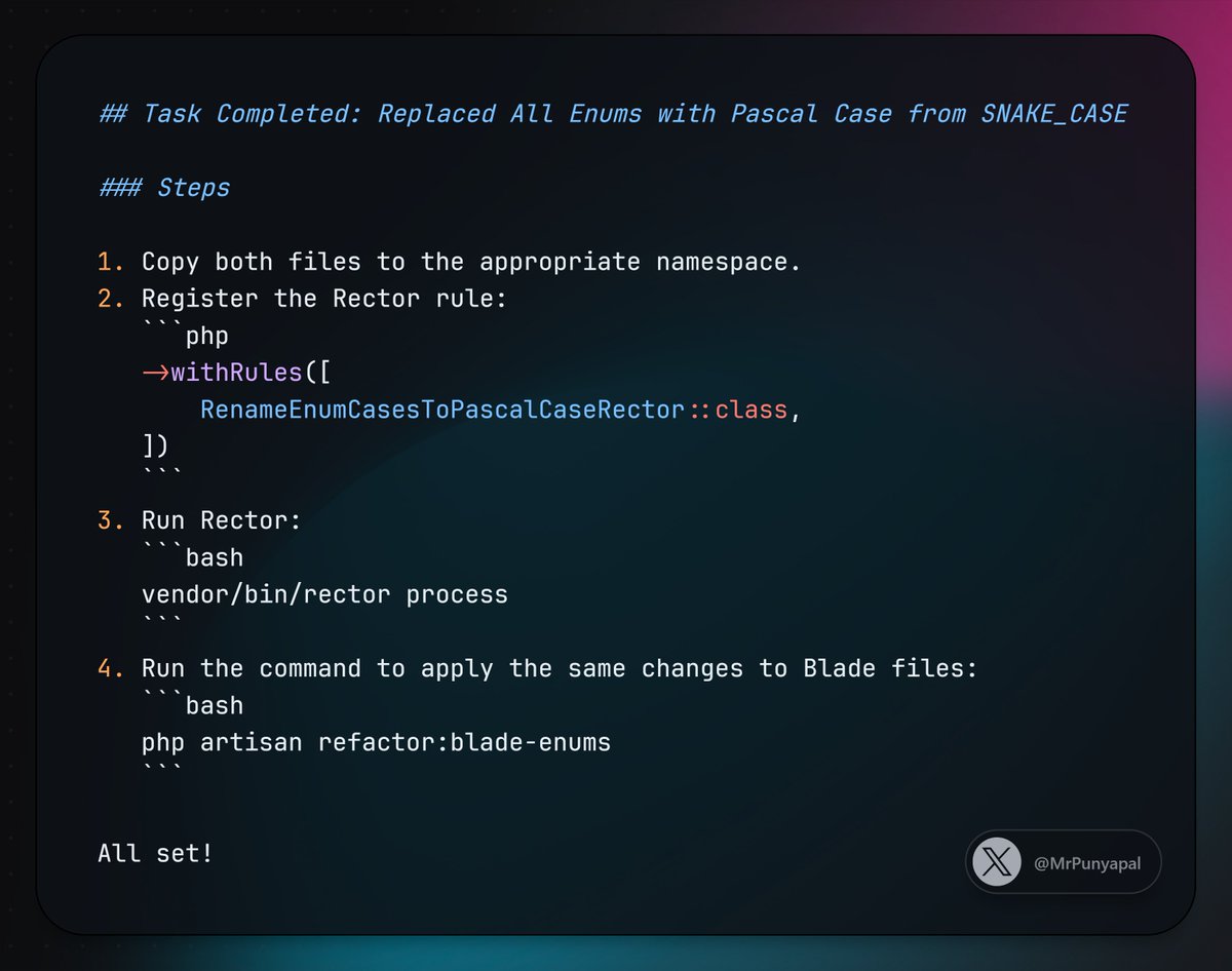 MrPunyapal's tweet image. 🚀 Finally achieved it! 

I&apos;ve successfully refactored all my enums from SNAKE_CASE to PascalCase. 🎉

Check out the steps:

- Copy files to the appropriate namespace.
- Register the Rector rule.
- Run Rector and Blade refactoring commands.

code 👇.

#rector #php