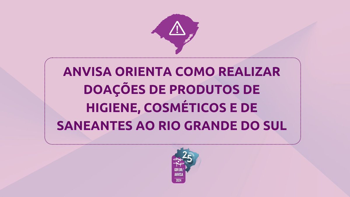 Orientamos a quem for doar produtos de higiene pessoal, cosméticos e saneantes às vítimas do RS que observe se o produto está regularizado na Anvisa, além de entregá-lo na embalagem original, para garantir a segurança e a eficácia do produto. Leia mais em nosso portal.