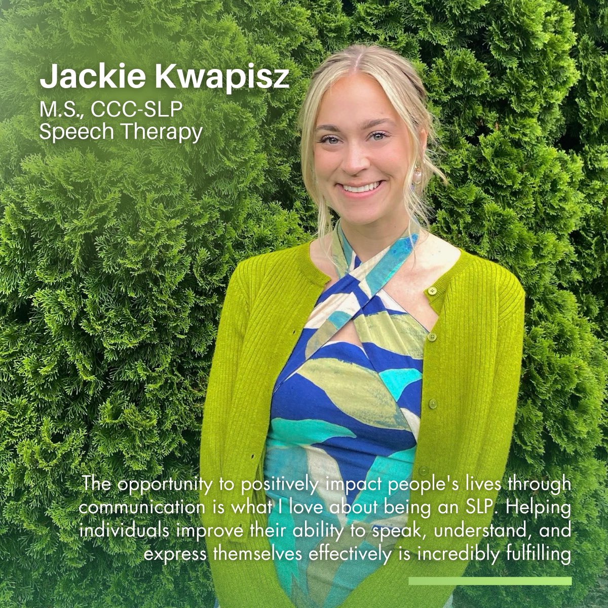 LifeLabKids's tweet image. Meet Jackie Kwapisz!

Jackie’s favorite part about being an SLP is seeing her clients’ unique personalities shine during sessions and being able to witness their day-to-day growth! 

To schedule speech sessions this Summer with Jackie contact us at lifelabkids.org