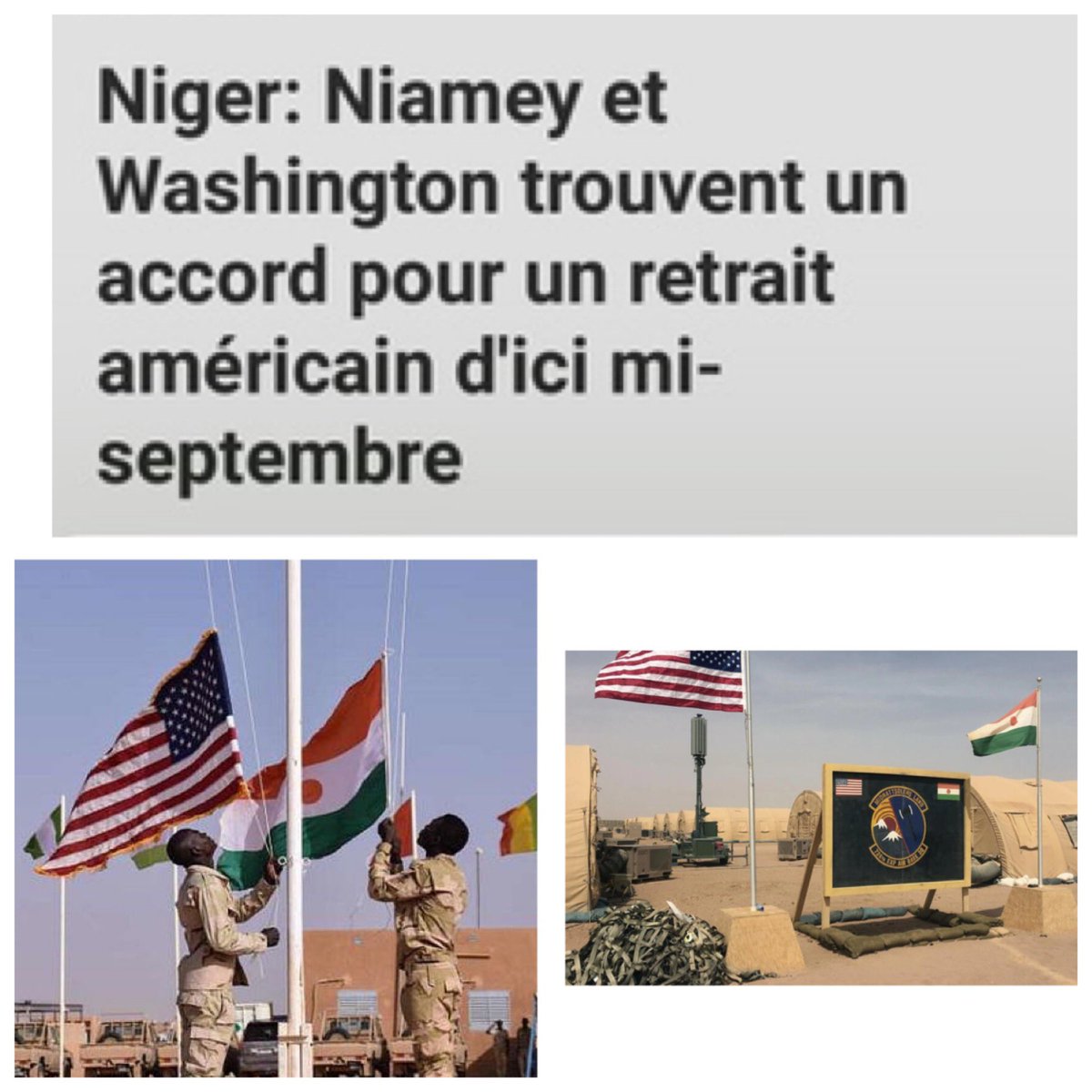 L’armée américaine s’engage à se retirer du Niger au plus tard le 15 sep 2024. Dans un communiqué conjoint, les deux pays indiquent avoir « trouvé un accord de désengagement pour effectuer le retrait des forces américaines qui a déjà commencé ».
Lire : lnkd.in/dN6iNj6e