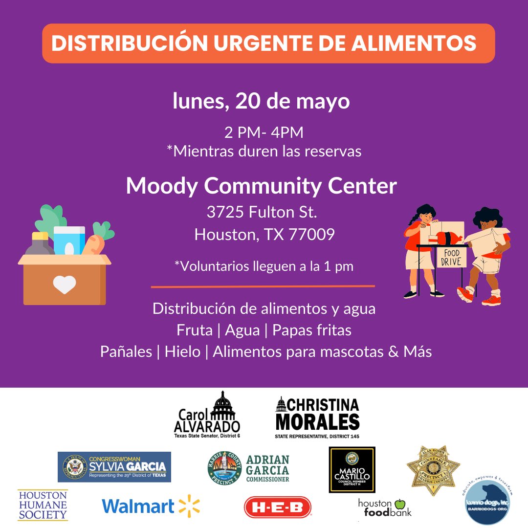 📢REMINDER Our office has teamed up with @RepMorale145 for an Emergency Food Distribution TODAY! We’ll be distributing food, fruit, water, chips, diapers, ice, pet food and more. 🗓️ Date: Monday, May 20. 🕒 Time: 2 PM - 4 PM (or while supplies last) 📍 Location: Moody Community