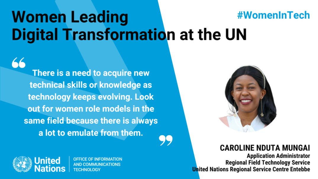 Caroline Nduta Mungai, Application Administrator at United Nations Regional Service Centre Entebbe, talks about how her love for technology started as a youth and how it turned into a career at the UN in today's #WomenInTech profile! Read it now! unite.un.org/WomenInTech-UN…