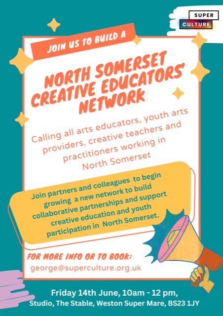 Calling all arts educators in North Somerset! 📣 🎨 🎭 🎵 

If you work with children, families and young people on creative projects or engagement work we would love to hear from you. 

Come along to the first meeting to shape the content and scope of the network. #northsomerset