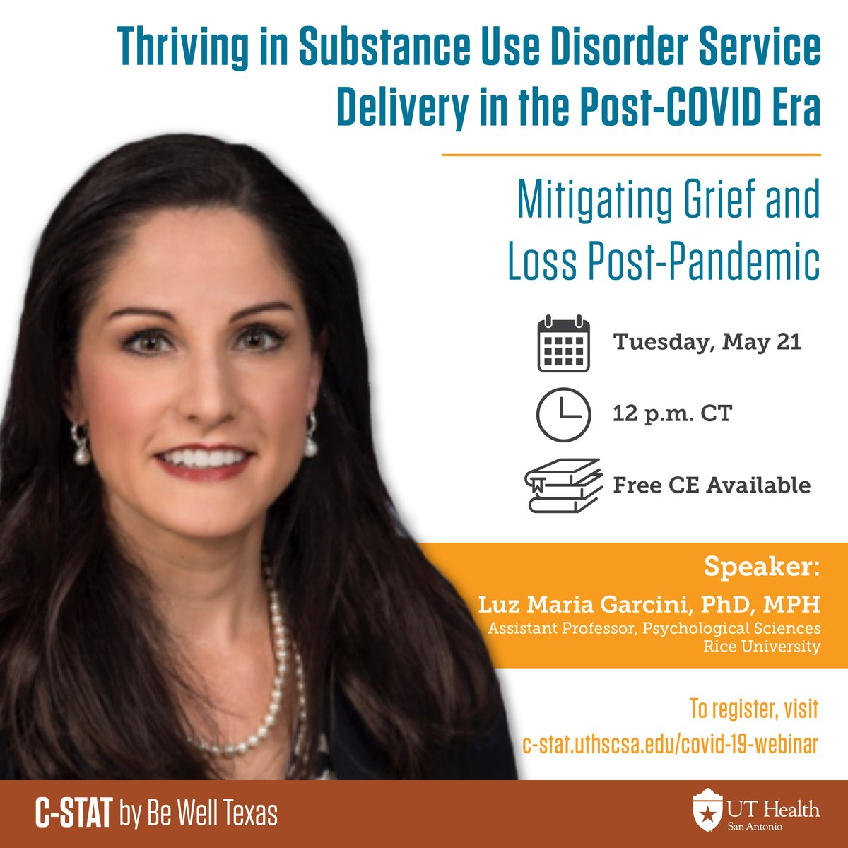 Join C-STAT & Dr. Luz Garcini TOMORROW as we explore the intricate concept of grief and loss in the aftermath of the #pandemic. Uncover how cultural & individual factors shape our experiences and discover ways to navigate this journey. 💙 c-stat.uthscsa.edu/covid-19-webin… #COVID19