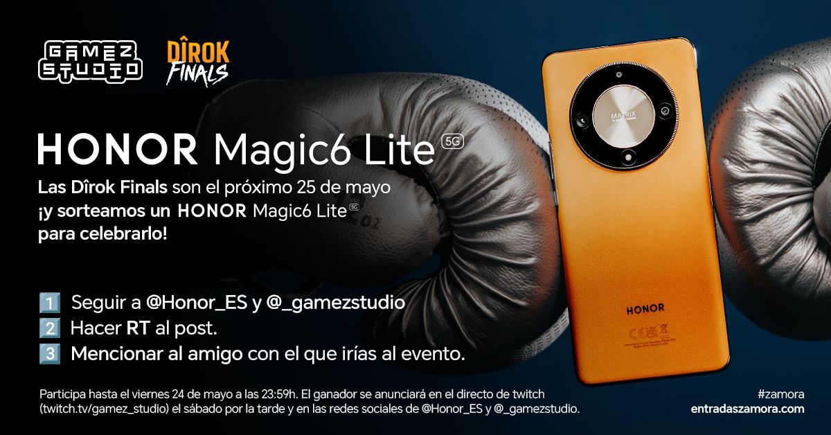 🤯SORTEAZO🎁¡Llegan las Dîrok Finals del próximo 25 de Mayo y sorteamos un smartphone #HONORMagic6 Lite para celebrarlo!. 👉Para participar: - Sigue a @Honor_ES y @_gamezstudio - Haz RT de este mismo post - Menciona a un amigo + HT #HONORMagic6 🍀Suerte! #zamora