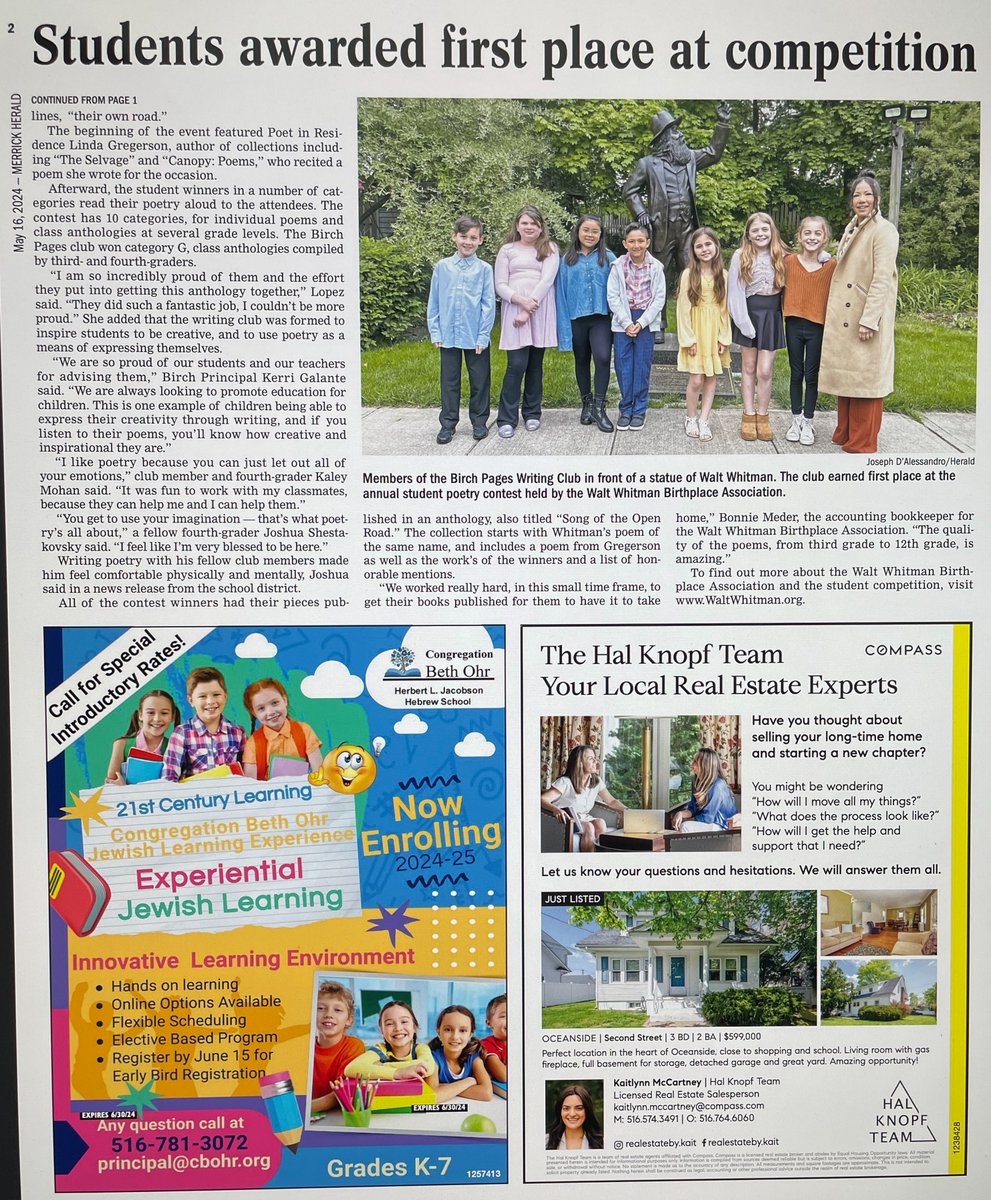 Congratulations once again to the Birch Pages Writing Club for their front-page story in the "Merrick Herald Community Newspaper" in recognition of their First Place entry in the 2024 Walt Whitman Student Poetry Contest.