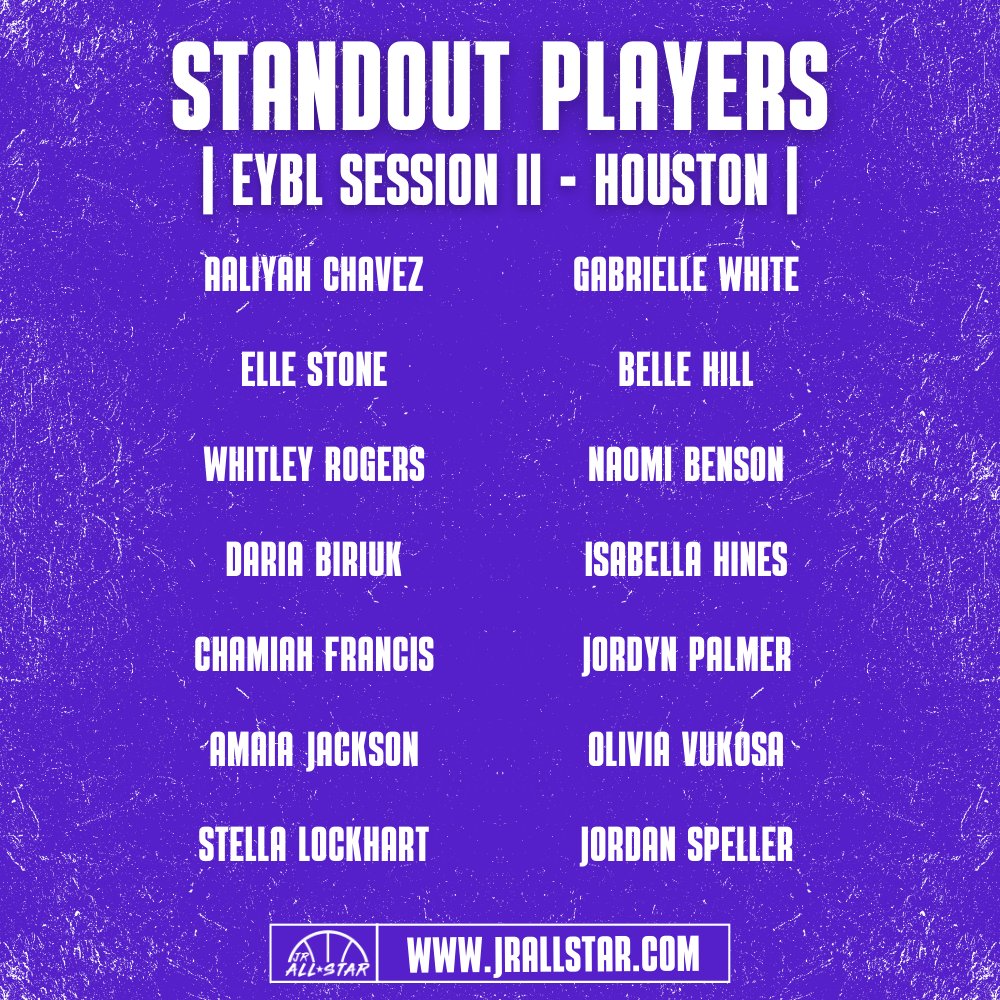Jr. All-Star Girls Basketball (@jrallstarbb) on Twitter photo 𝗦𝗧𝗔𝗡𝗗𝗢𝗨𝗧 𝗣𝗟𝗔𝗬𝗘𝗥𝗦
Here are the players who caught our eye during Day 3 of <a href="/NikeGirlsEYBL/">Nike Girls EYBL</a> Session II - Houston! ⤵️
<a href="/AALIYAH2CHAVEZ/">AALIYAH CHAVEZ</a> <a href="/elleboogie_10/">Elle Stone</a> <a href="/whitleyrogers_1/">Whitley Rogers</a> <a href="/biriuk_daria/">Daria Biriuk</a> <a href="/ChamiahF/">Chamiah Francis</a> <a href="/jackson_amaia/">Amaia Jackson</a> <a href="/stellalockhart8/">stella lockhart</a> <a href="/bellehill_2028/">Belle Hill</a> <a href="/NaomiGBenson/">NaomiBenson 2025</a> <a href="/SaucyBella2/">Bella🤍</a> 𝗦𝗧𝗔𝗡𝗗𝗢𝗨𝗧 𝗣𝗟𝗔𝗬𝗘𝗥𝗦
Here are the players who caught our eye during Day 3 of <a href="/NikeGirlsEYBL/">Nike Girls EYBL</a> Session II - Houston! ⤵️
<a href="/AALIYAH2CHAVEZ/">AALIYAH CHAVEZ</a> <a href="/elleboogie_10/">Elle Stone</a> <a href="/whitleyrogers_1/">Whitley Rogers</a> <a href="/biriuk_daria/">Daria Biriuk</a> <a href="/ChamiahF/">Chamiah Francis</a> <a href="/jackson_amaia/">Amaia Jackson</a> <a href="/stellalockhart8/">stella lockhart</a> <a href="/bellehill_2028/">Belle Hill</a> <a href="/NaomiGBenson/">NaomiBenson 2025</a> <a href="/SaucyBella2/">Bella🤍</a>
