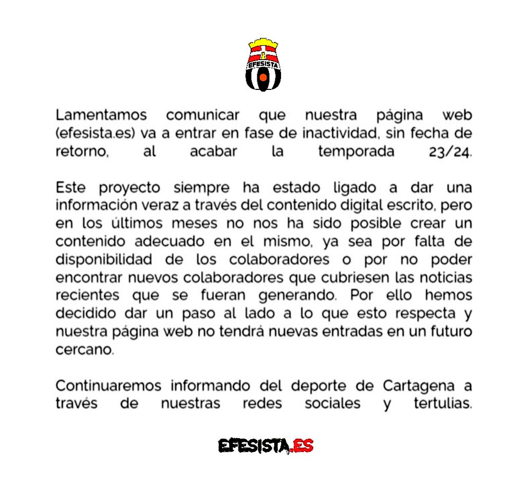 💻 Nuestra página web (efesista.es) entrará en fase de inactividad al acabar la temporada.