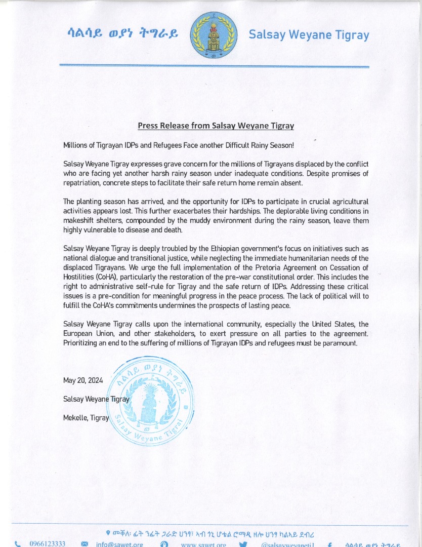 Millions of Tigrayan IDPs and Refugees Face another Difficult Rainy Season! Press Release from Salsay Weyane Tigray @EUinEthiopia @USEmbassyAddis @MikeHammerUSA