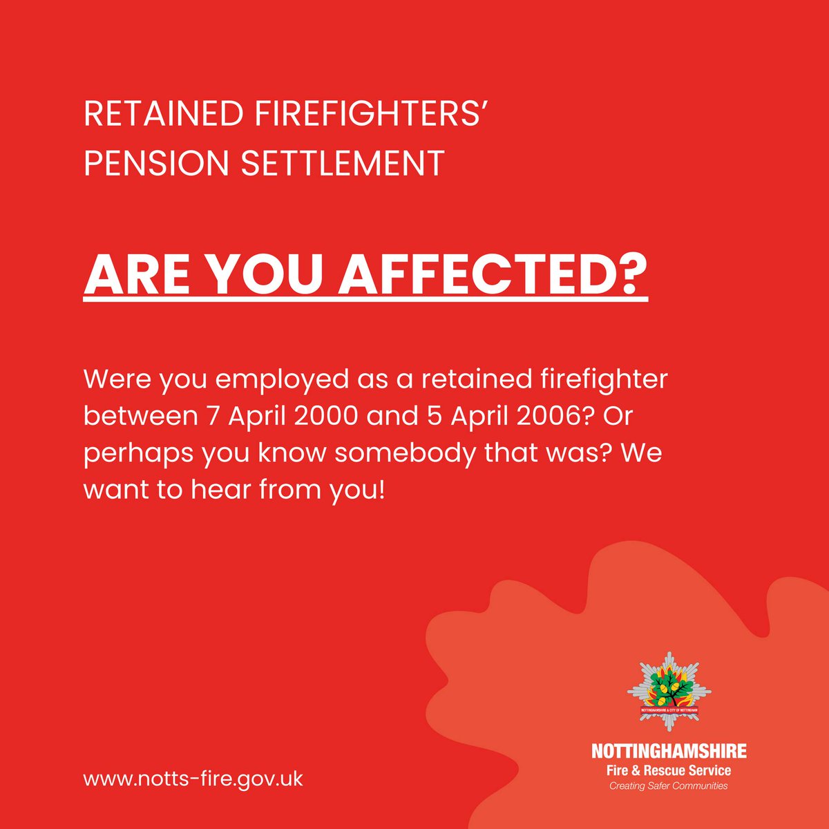 Were you employed as a retained firefighter between 7 April 2000 and 5 April 2006? ⚠️We've got some important information for you on our website➡️ notts-fire.gov.uk/news/retained-… All questions and requests for further information should be directed to pensionqueries@notts-fire.gov.uk