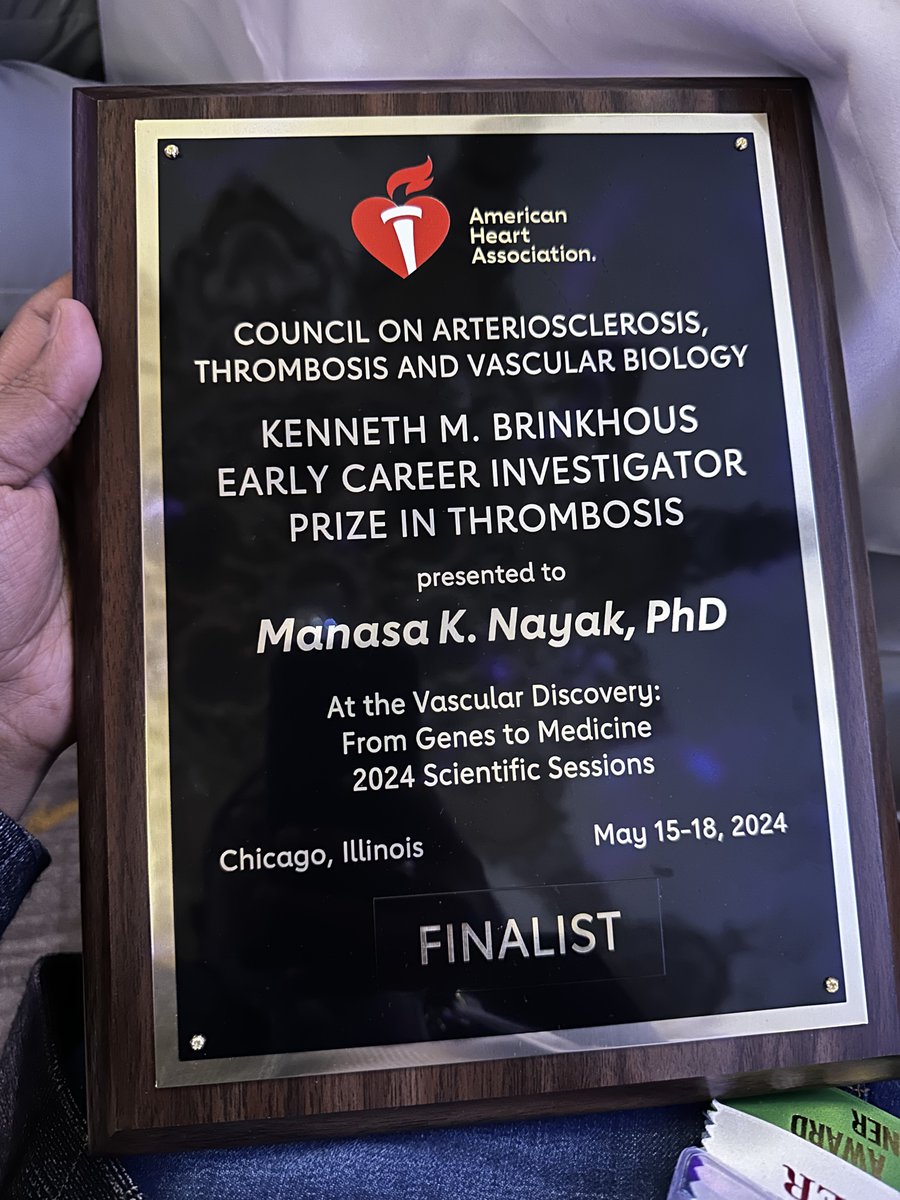 I am truly honored to receive the Kenneth Brinkhous award as a Finalist at #VascularDiscovery24. I am very much thankful to everyone who has contributed and involved in this study. <a href="/ChauhanLab/">Chauhan Lab</a> <a href="/IowaMSTP/">Former Iowa MSTP Director</a> <a href="/IntMedatIowa/">Internal Medicine at Iowa</a> <a href="/UIowaResearch/">UIowa Research</a> <a href="/ATVBCouncil/">ATVB Council</a> <a href="/AHA_Research/">AHA Research</a> <a href="/AHAScience/">AHA Science</a>.