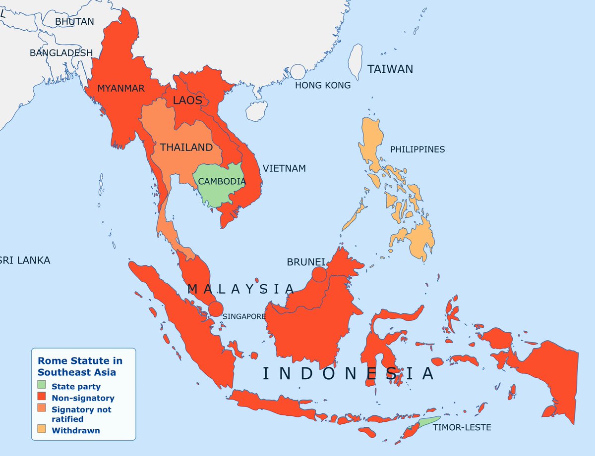 In Southeast Asia, only Cambodia and Timor-Leste are states parties to the ICC’s Rome Statute. Thailand has signed but not ratified, the Philippines ratified but withdrew under Duterte. Malaysia deposited an instrument of accession in 2019 but withdrew it before it took effect.