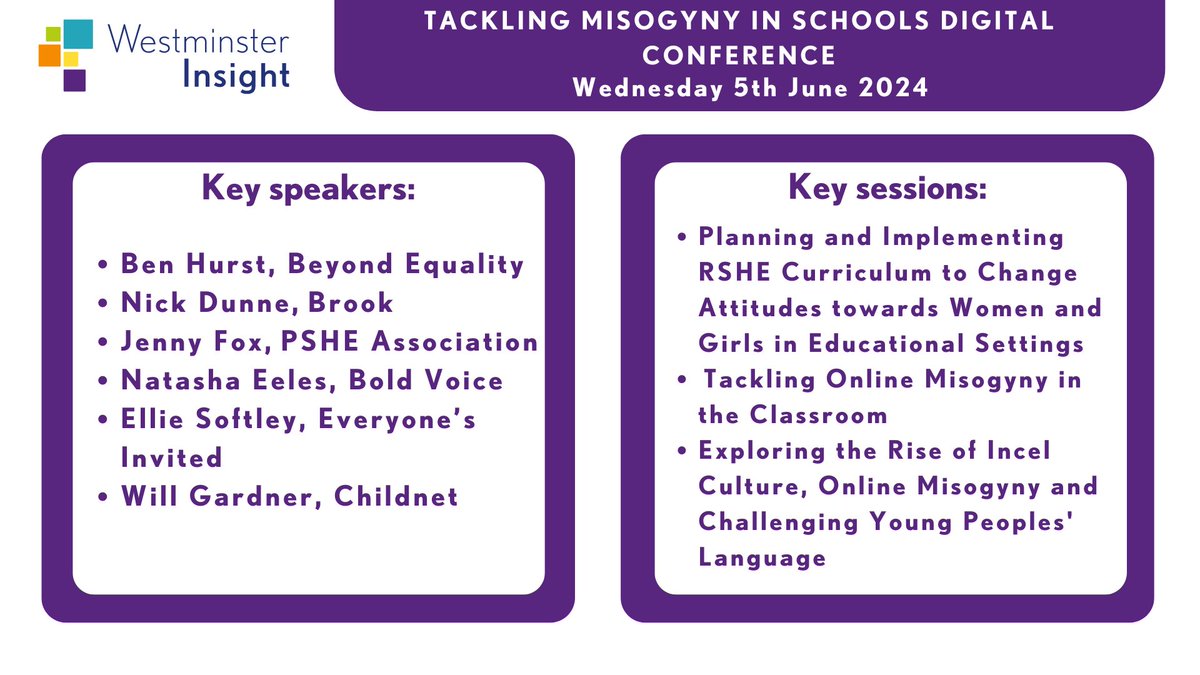 Are you looking to tackle misogyny in schools? 🏫 Get ready for inspiring talks, interactive workshops, and meaningful connections at our Tackling Misogyny in Schools Digital Conference on Wednesday 5th June 2024!👧 Bringing together leading educational experts and