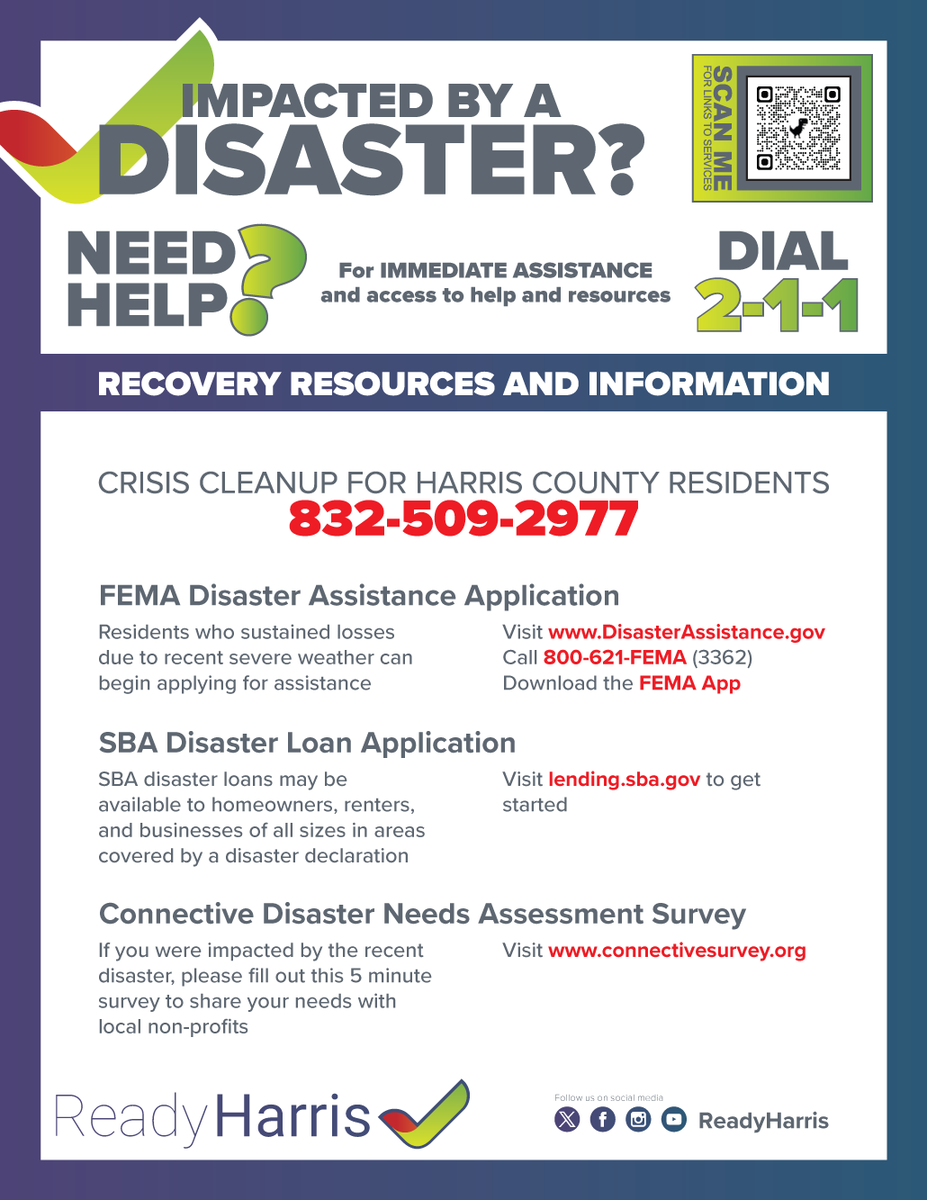 Here are a few recovery resources provided by Ready Harris for Harris County residents.
If you need immediate assistance , please dial 2-1-1
