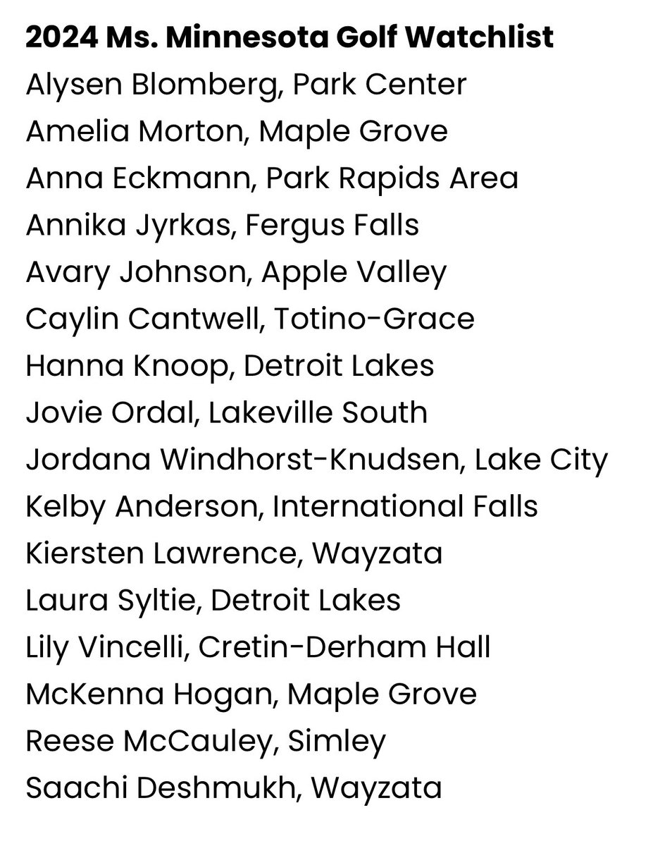 Congrats to <a href="/avary_johnsonn/">Avary Johnson</a> for making the 2024 Ms. Minnesota Golf Watchlist <a href="/AVHSAthletics/">AVHS Athletics</a>