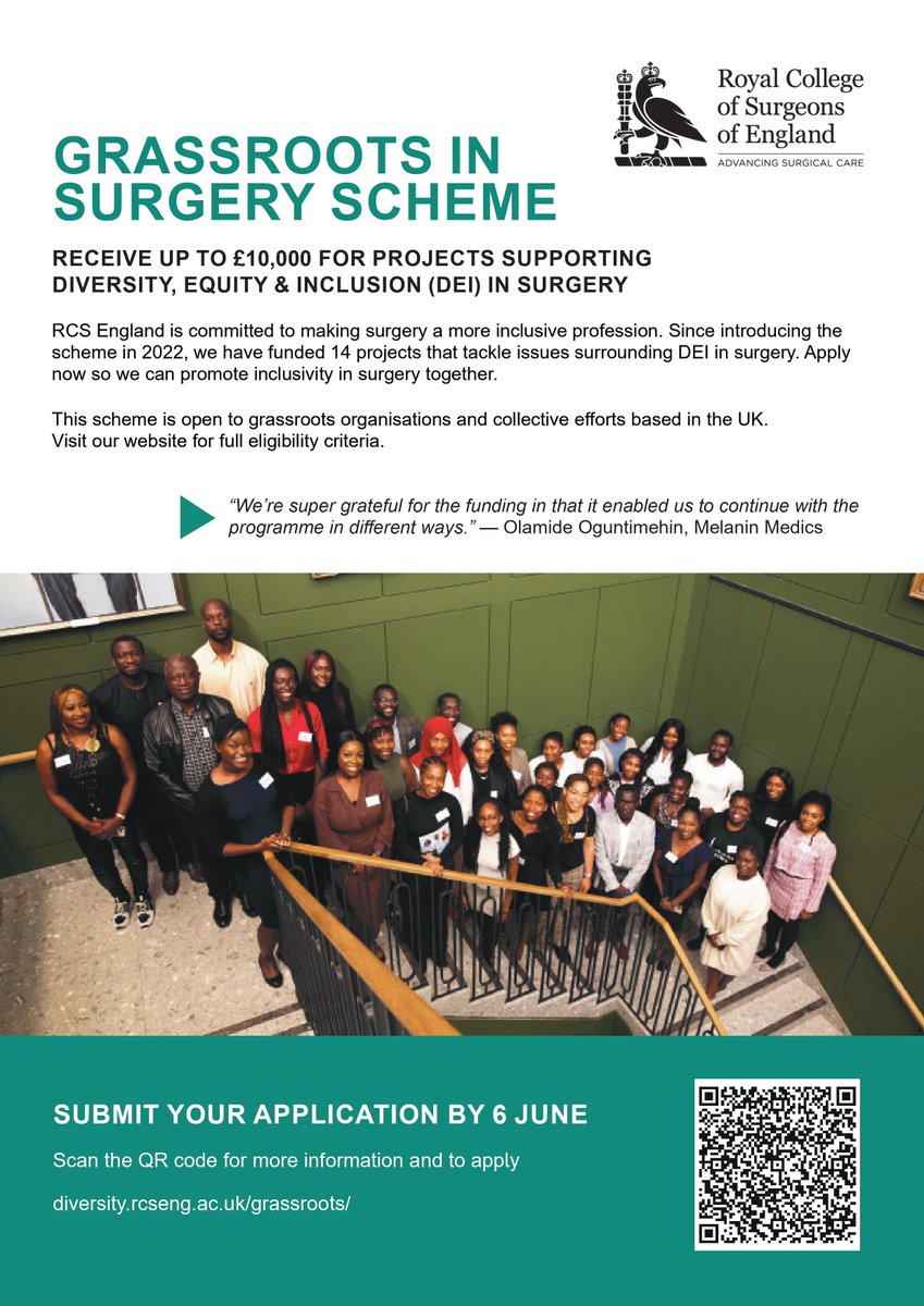 Don’t miss the chance to receive up to £10,000 in funding and personalised support from @RCSnews to help your project promote inclusion and diversity in surgery. Apply before 6 June: diversity.rcseng.ac.uk/develop-and-le…