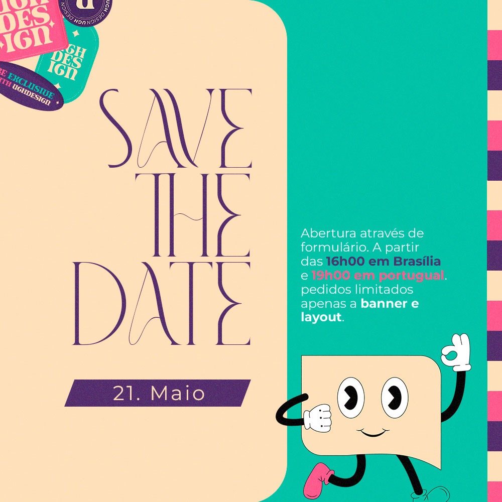 📍Save The Date! 📷AMANHA!

• A abertura gratuita da UGH ocorrerá dia 21 de MAIO, às 16 horas ou 19h de Portugal.***
• Via formulário 
• Tire suas dúvidas em nosso Curious Cat: curiouscat.live/UGHDesign 📷