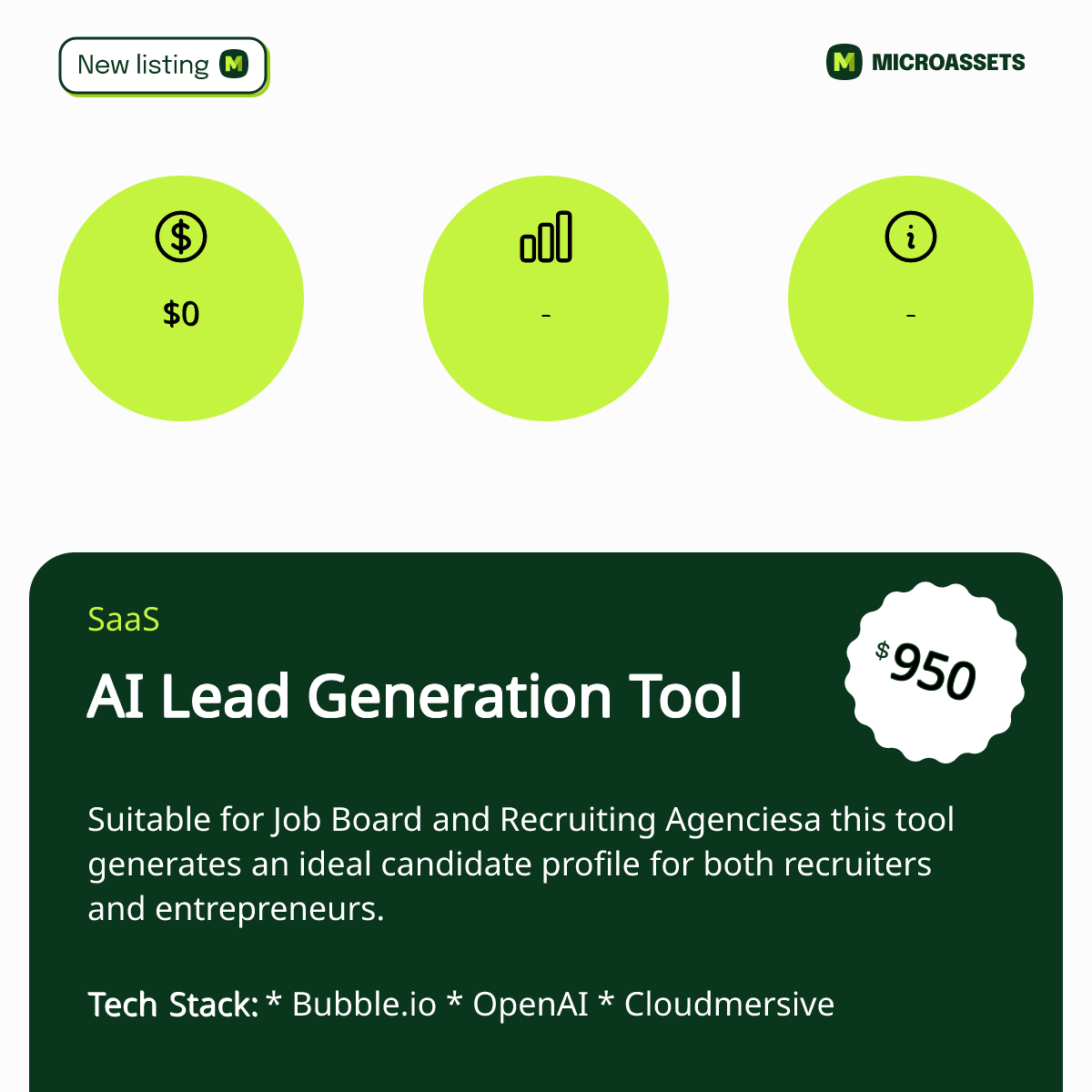 🔥 New Listing 🔥 AI Lead Generation Tool suitable for Job Board and Recruiting Agencies ASKING PRICE: $950 OTO app.microassets.co/posts/ZOh4xo__…