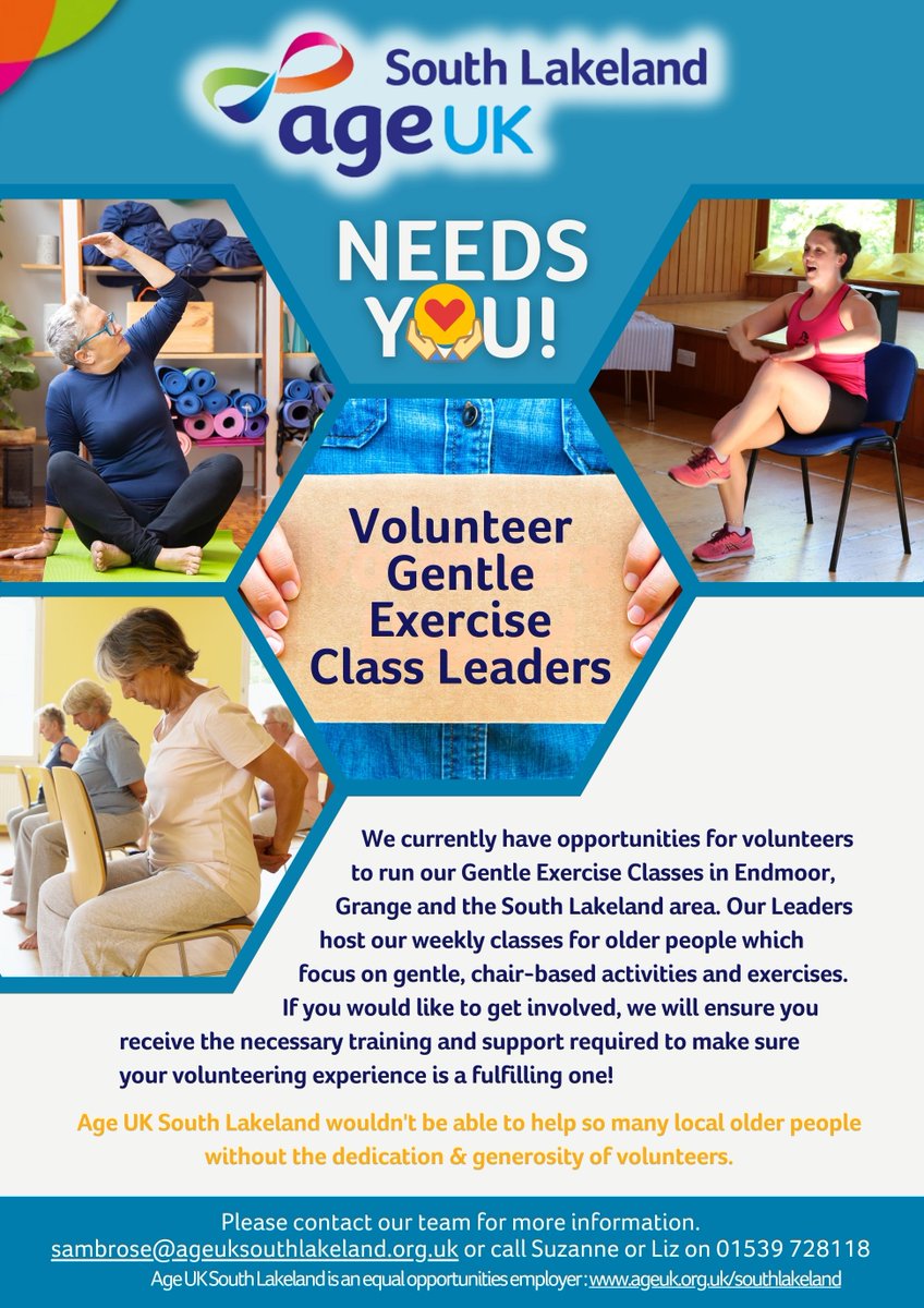 We are still keen to recruit Volunteer Leaders to run our gentle chaired based exercises for older people in Endmoor, Grange &amp; South Lakeland. Full training will be given. If you are interested in this volunteering role please contact Suzanne Ambrose on 01539 728118 for details.