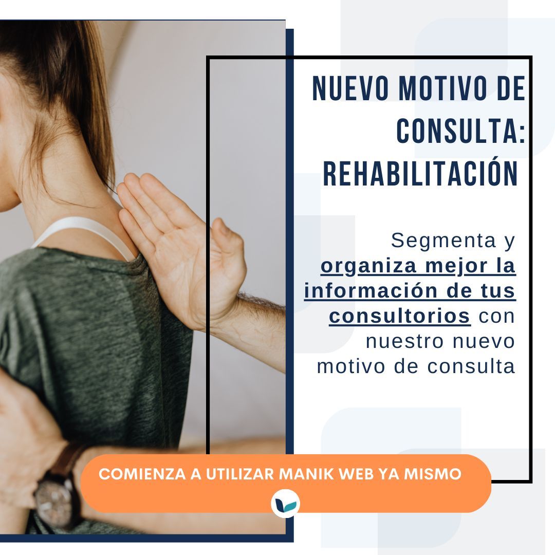 ¡Las actualizaciones en ManikWeb no paran! Ahora contamos con un nuevo motivo de consulta: Rehabilitación. Teniendo como beneficio un mejor manejo de la información en cada uno de tus consultorios.

¡Nosotros te enseñamos cómo usarlo!
buff.ly/3wMcwt7