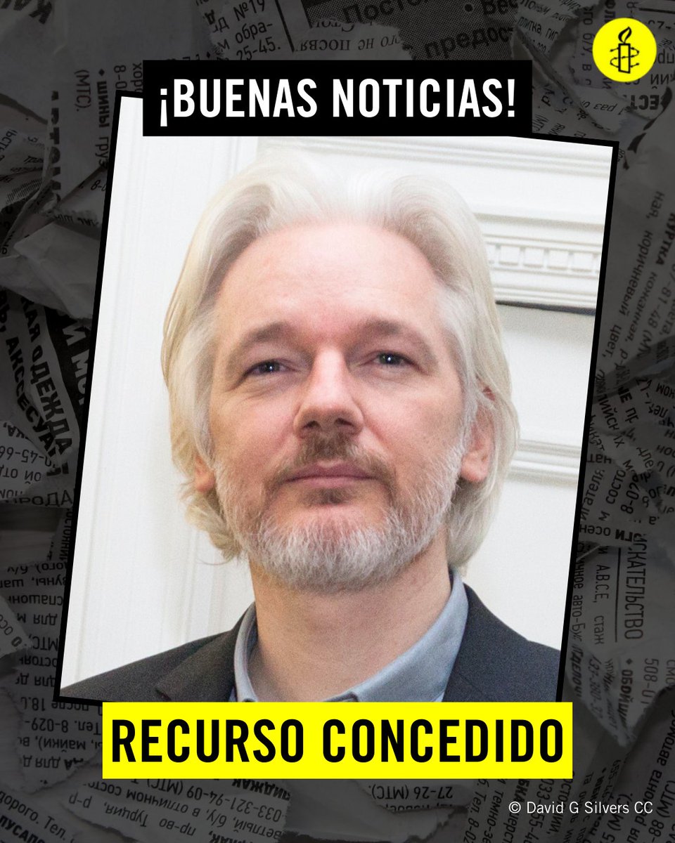 amnistiaespana's tweet photo. ¡NOTICIÓN! 👏 La Justicia británica ha autorizado a Julian Assange a recurrir su extradición a EEUU.

Se trata de una noticia positiva para Julian Assamge y todos los defensores y defensoras de la libertad de prensa. Mini HILO. @Wikileaks https://t.co/sCJBI6dC8f