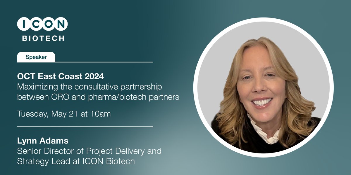 ICON Biotech‘s Lynn Adams will be sharing her insights on how to maximize the consultative partnership between CRO and pharma/biotech partners at #OCT East Coast on Tuesday, May 21 at 10 am. Join her session: ow.ly/y4Ch50RGG3i