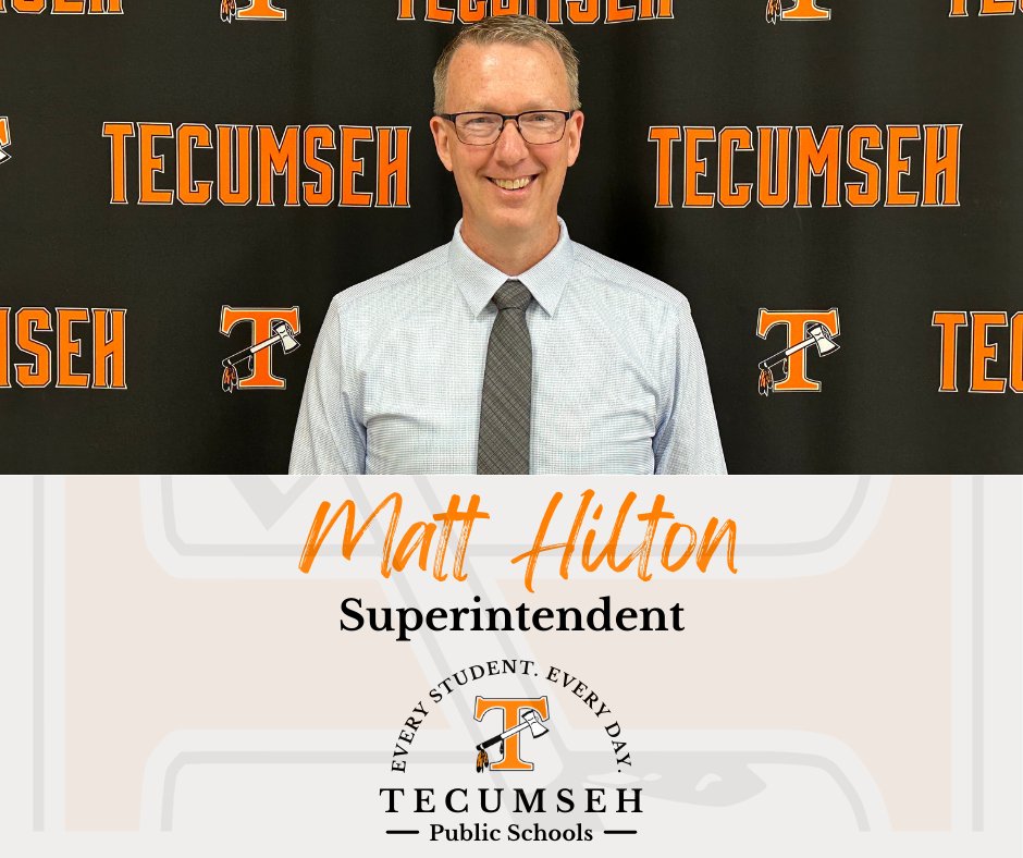 Welcome to #TeamTecumseh, Superintendent Matt Hilton!

It's Superintendent Hilton's first official day with the district. He's working with Superintendent Rick Hilderley to ensure there's a seamless transition over the next two weeks.

Superintendent Hilderley's last day is