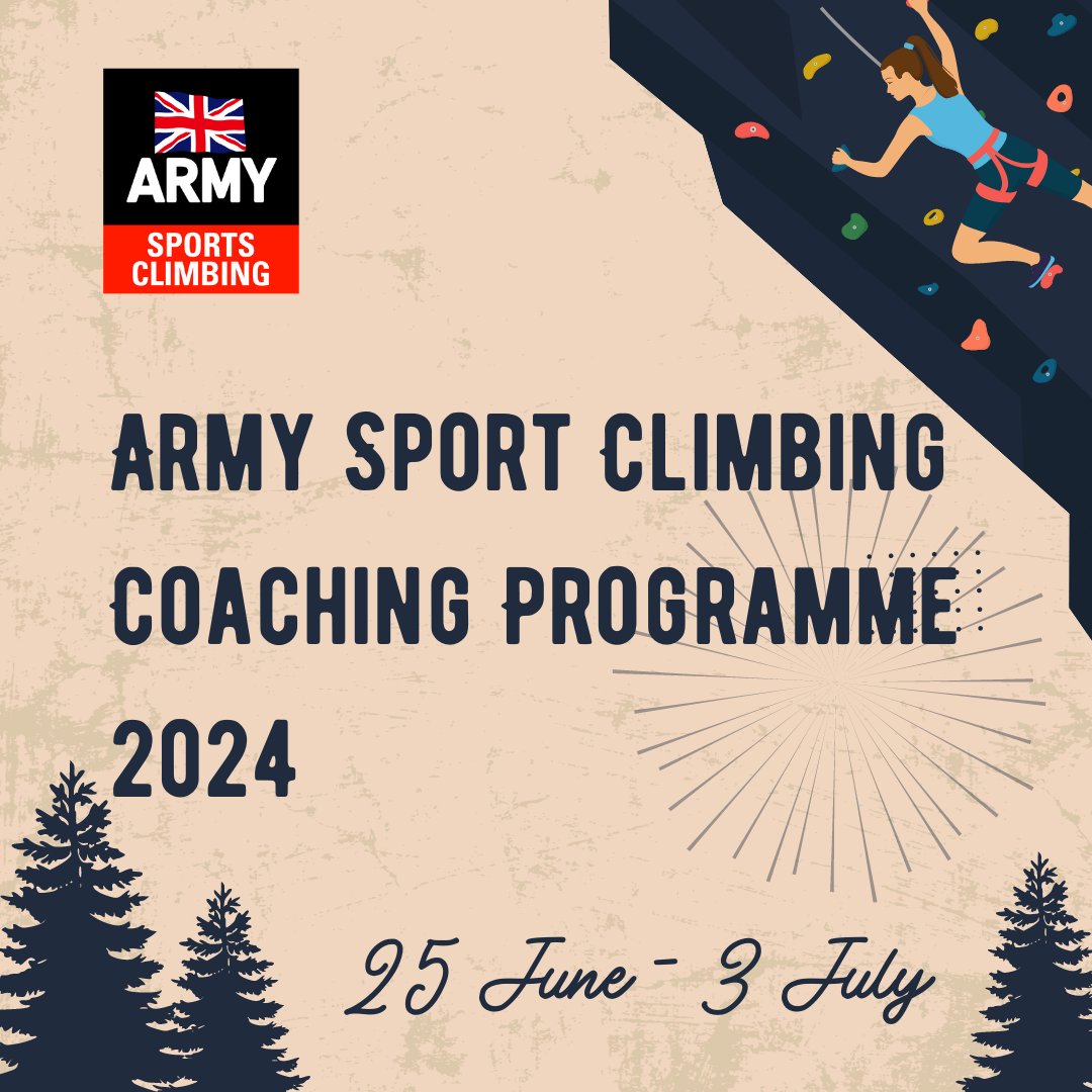 Army Sport Climbing Coaching Programme 2024 Army Sport Climbing is piloting a new coaching programme for unit climbing clubs and athletes from 25th June to 3rd July. For full details on how to apply follow the link to Defence Connect: jive.defencegateway.mod.uk/events/175386