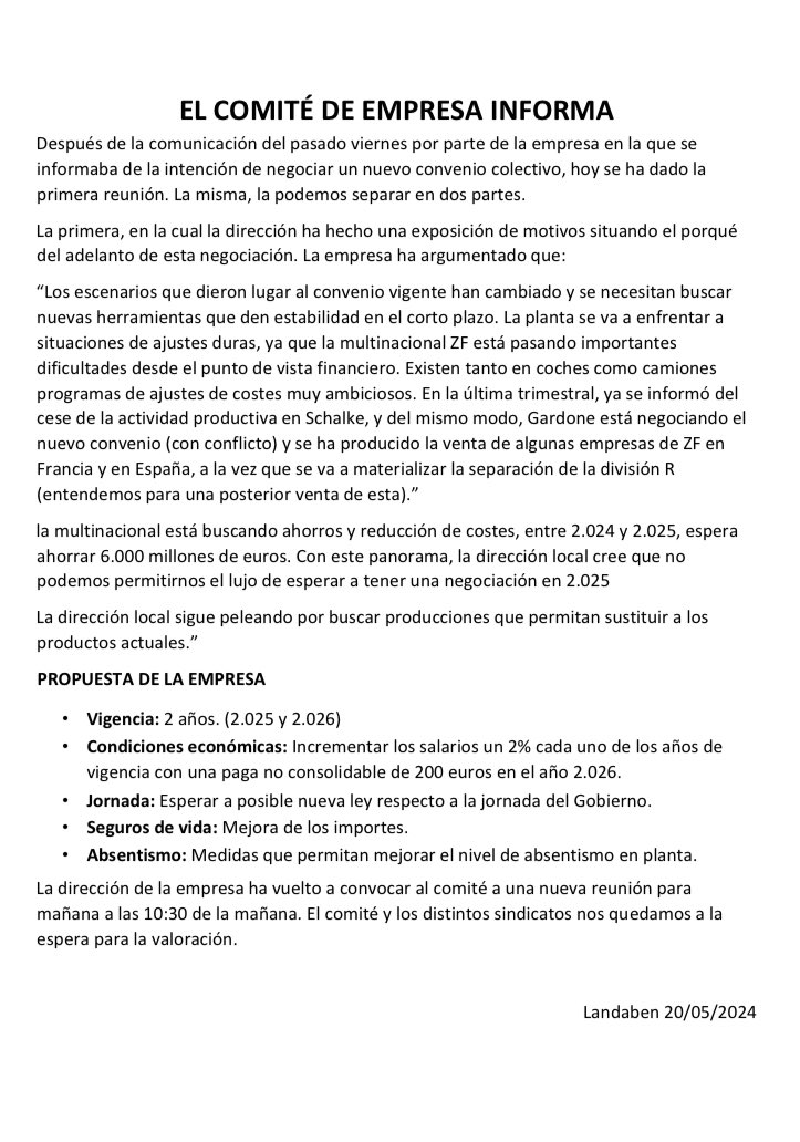 LAB_ZF's tweet image. Desde @LAB_ZF no vamos a aceptar un convenio que no vaya más allá del año 2027,en el que finalizan algunas producciones ya que no aporta estabilidad a medio plazo.
Los incrementos salariales deben tener el IPC como referencia.