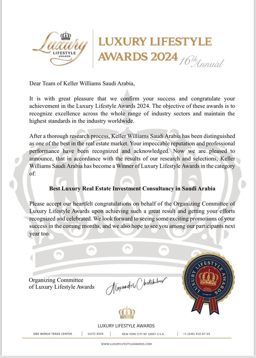 الأفضل <a href="/KWSaudiArabia/">KW Saudi Arabia | كيلر ويليامز السعودية</a>  تفوز بالجائزة العقارية الأفضل في السعودية  للعقارات الفاخرة .. من 
luxurylifestyleawards.com/award
سعيد بوجودي ضمن عائلة كيلر وليامز  لتقديم الخدمة الأفضل .. 
الف مبروك  لكل أعضاء  عائلة كيلر وليامز السعودية ولاختي العزيزة 
<a href="/REALTY_2030/">أسماء العليان</a>