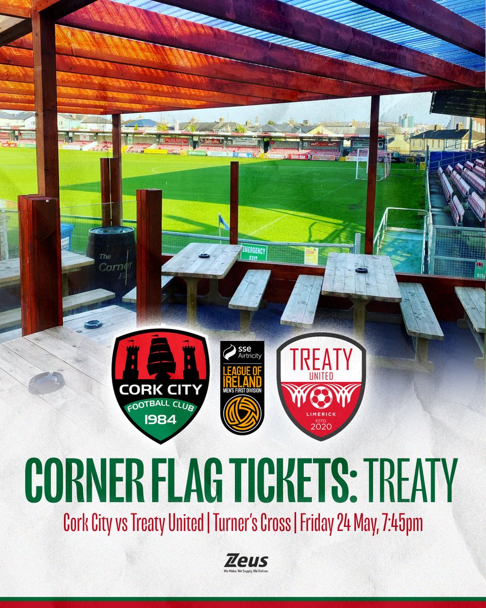 𝗖𝗢𝗥𝗡𝗘𝗥 𝗙𝗟𝗔𝗚 𝗧𝗜𝗖𝗞𝗘𝗧𝗦 ☀️ You can also watch Friday's game from the terrace at the back of @TheCornerFlag4 bar! €50 per ticket, including 5 standard drinks, and half-time finger food 🤩 corkcityfc.ticketco.events/ie/ie/e/corner… #CCFC84 || #LOI