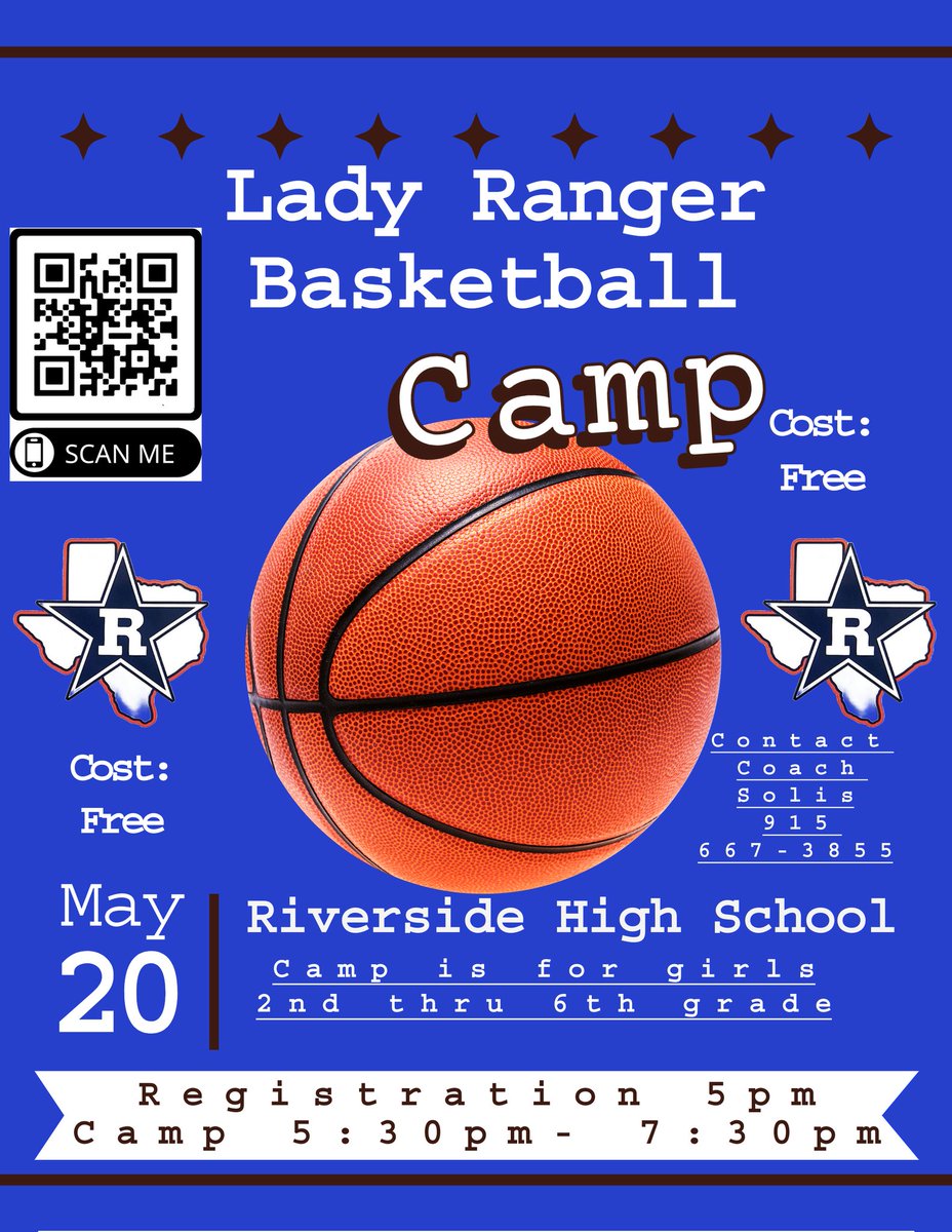 Don't forget to register for our @riversidebball1 free girls basketball camp being held today at Riverside High School. Camp is for girls 2nd thru 6th grade. Contact Coach Solis (915)667-3855 for more info. @TMESWranglers @RiversideEleme2 @RamonaESYISD