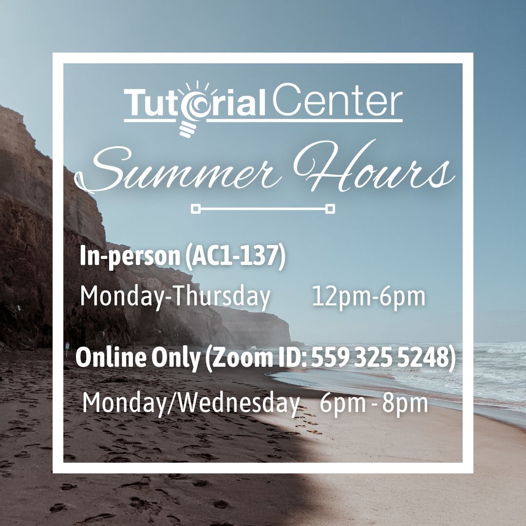 Clovis_TC's tweet image. The Tutorial Center is open over summer! Come swing by if you need a quiet place to study or want help with your homework!

#summerhours #clovistutorialcenter #cloviscommunitycollege